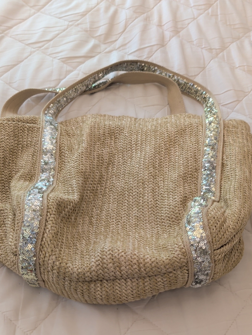 Sequin-Trim Straw Tote Bag in Natural